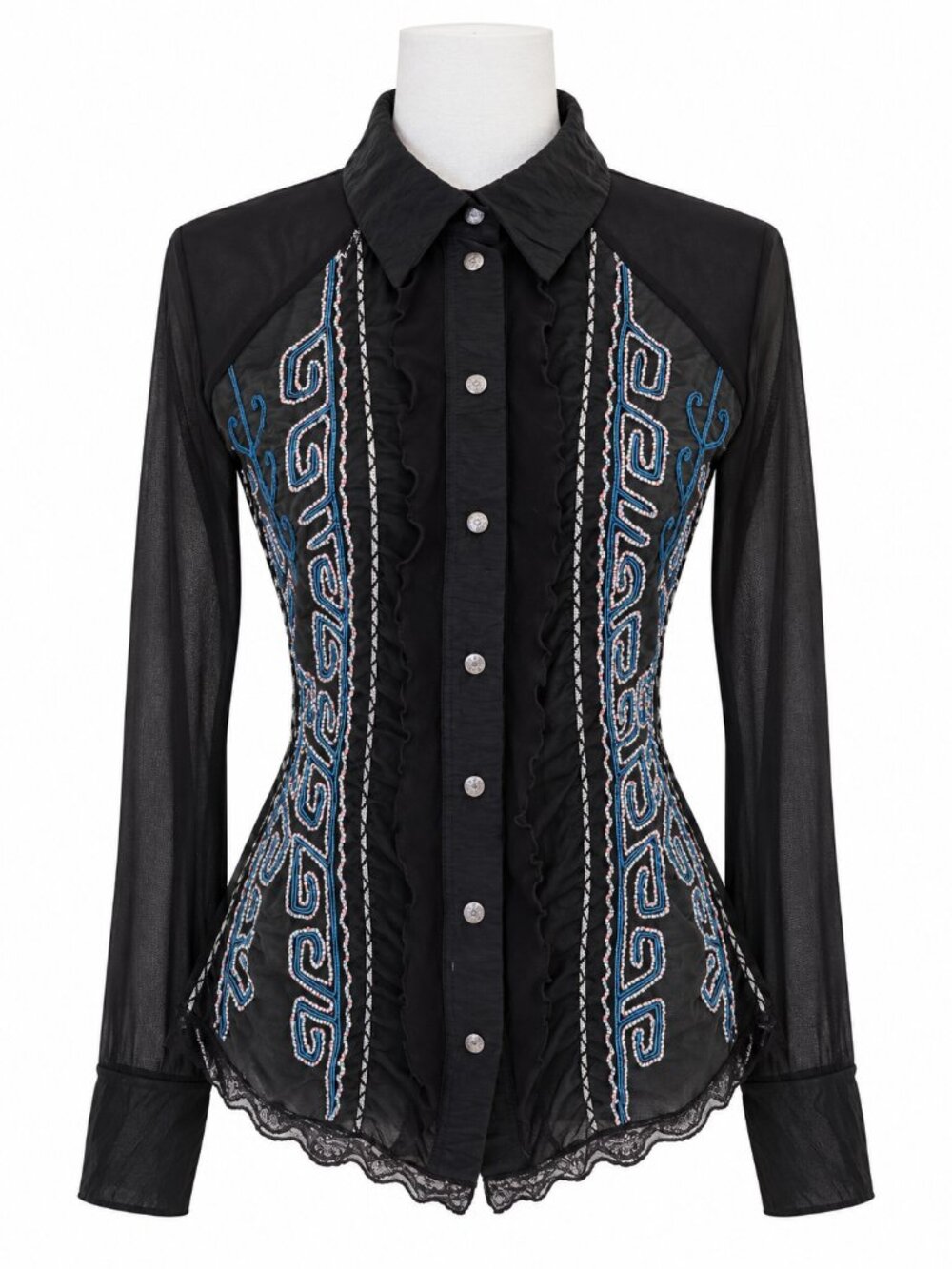 Save the Queen! Black Embroidered Sheer Blouse, Size L, Made in Italy